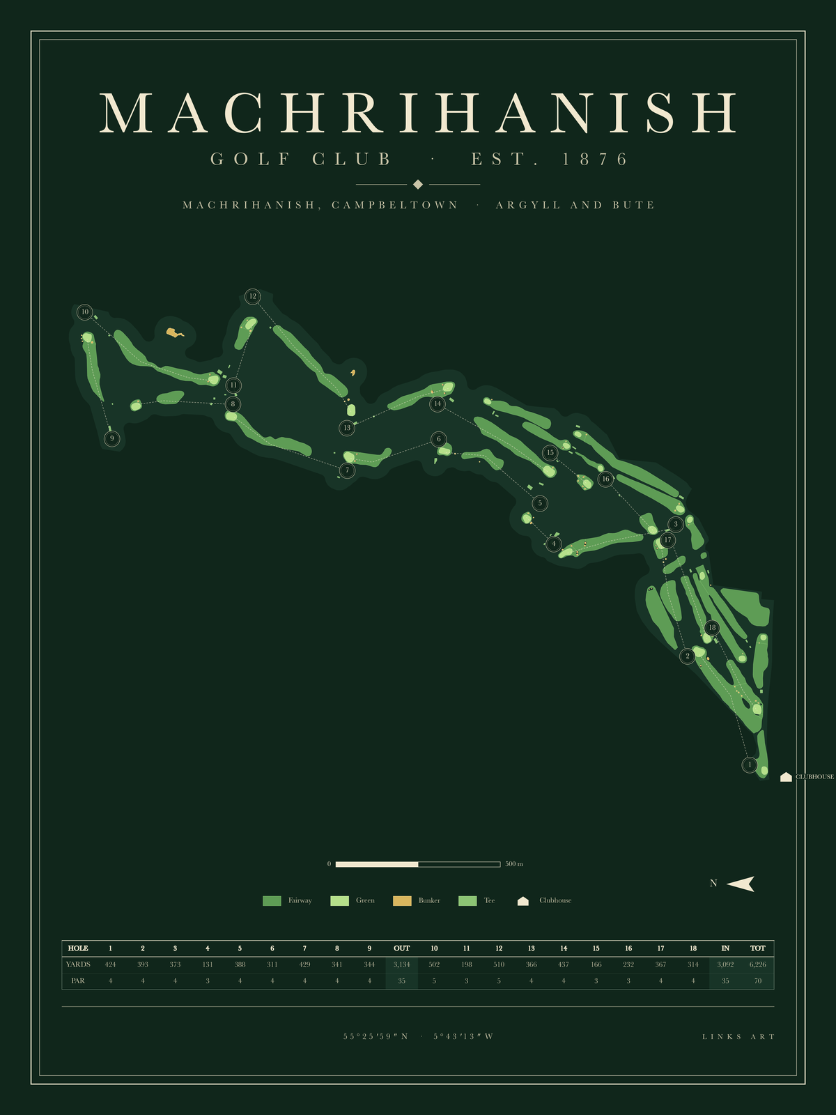 Machrihanish golf course map poster, Fescue, portrait