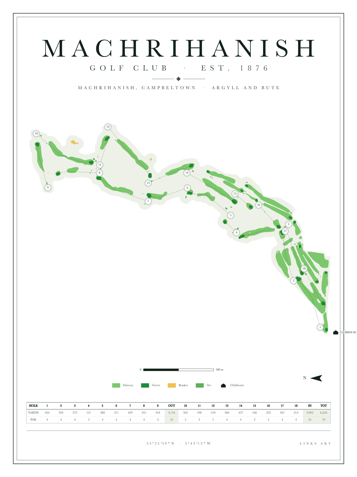 Machrihanish golf course map poster, Chalk, portrait