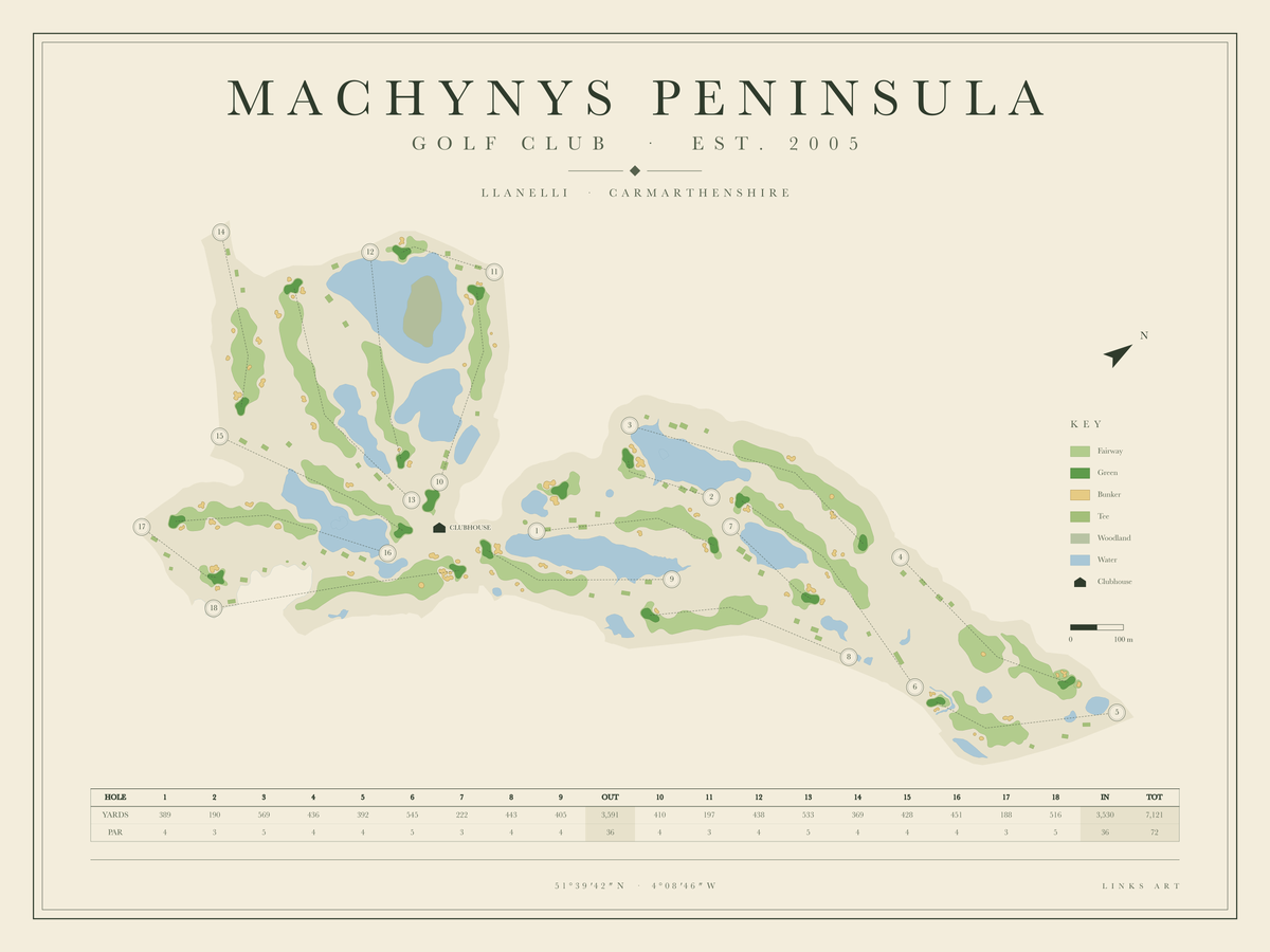 Machynys Peninsula golf course map poster, landscape