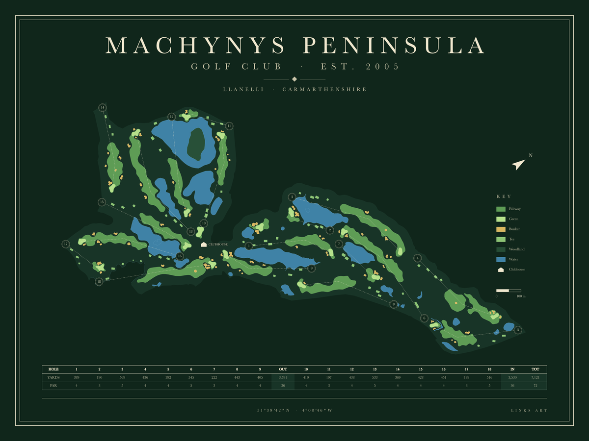 Machynys Peninsula golf course map poster, Fescue, landscape