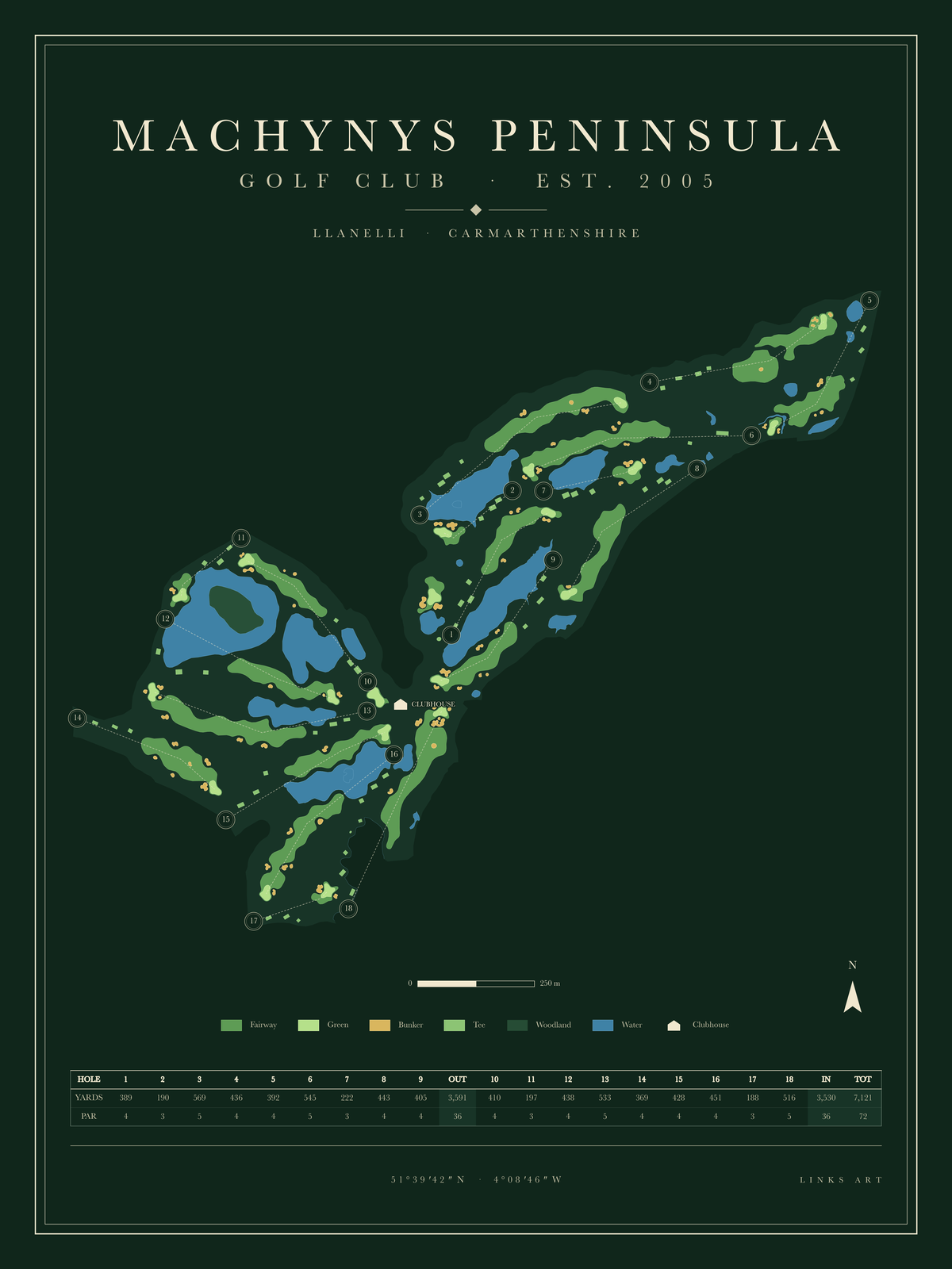 Machynys Peninsula golf course map poster, Fescue, portrait