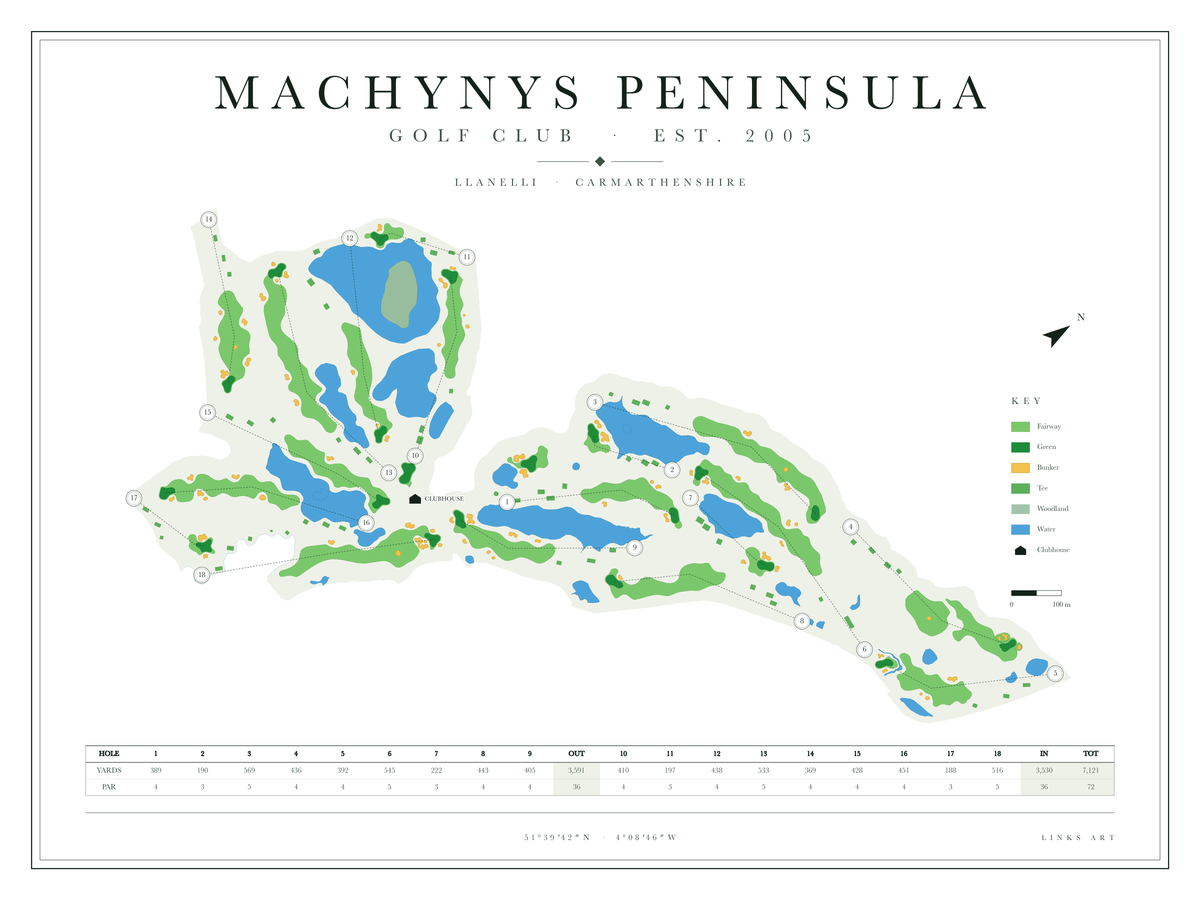 Machynys Peninsula golf course map poster, Chalk, landscape