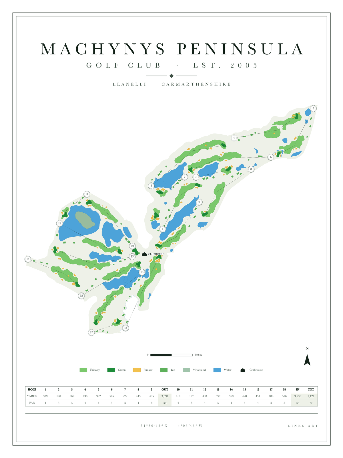 Machynys Peninsula golf course map poster, Chalk, portrait