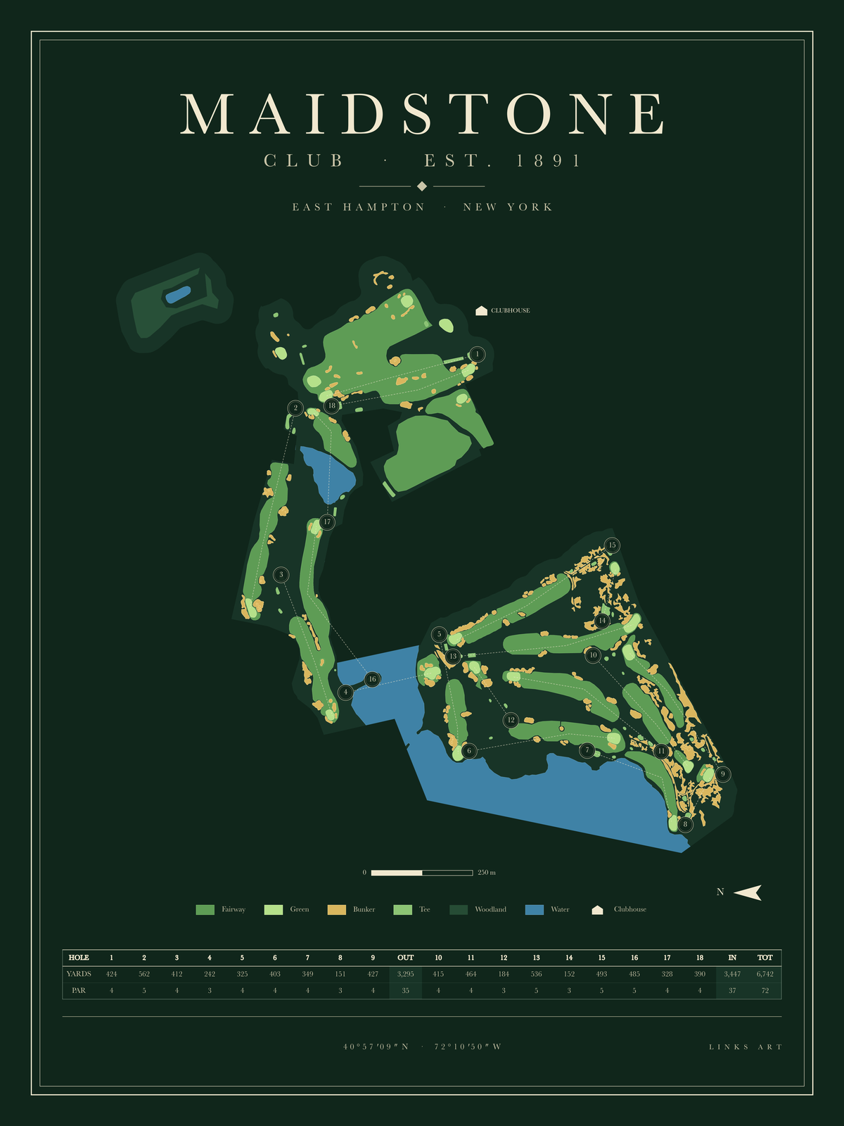 Maidstone golf course map poster, Fescue, portrait