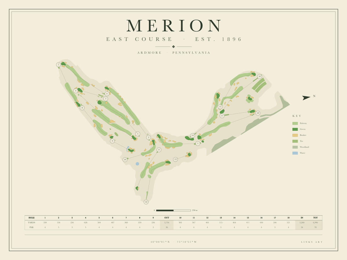 Merion East Course golf course map poster, landscape