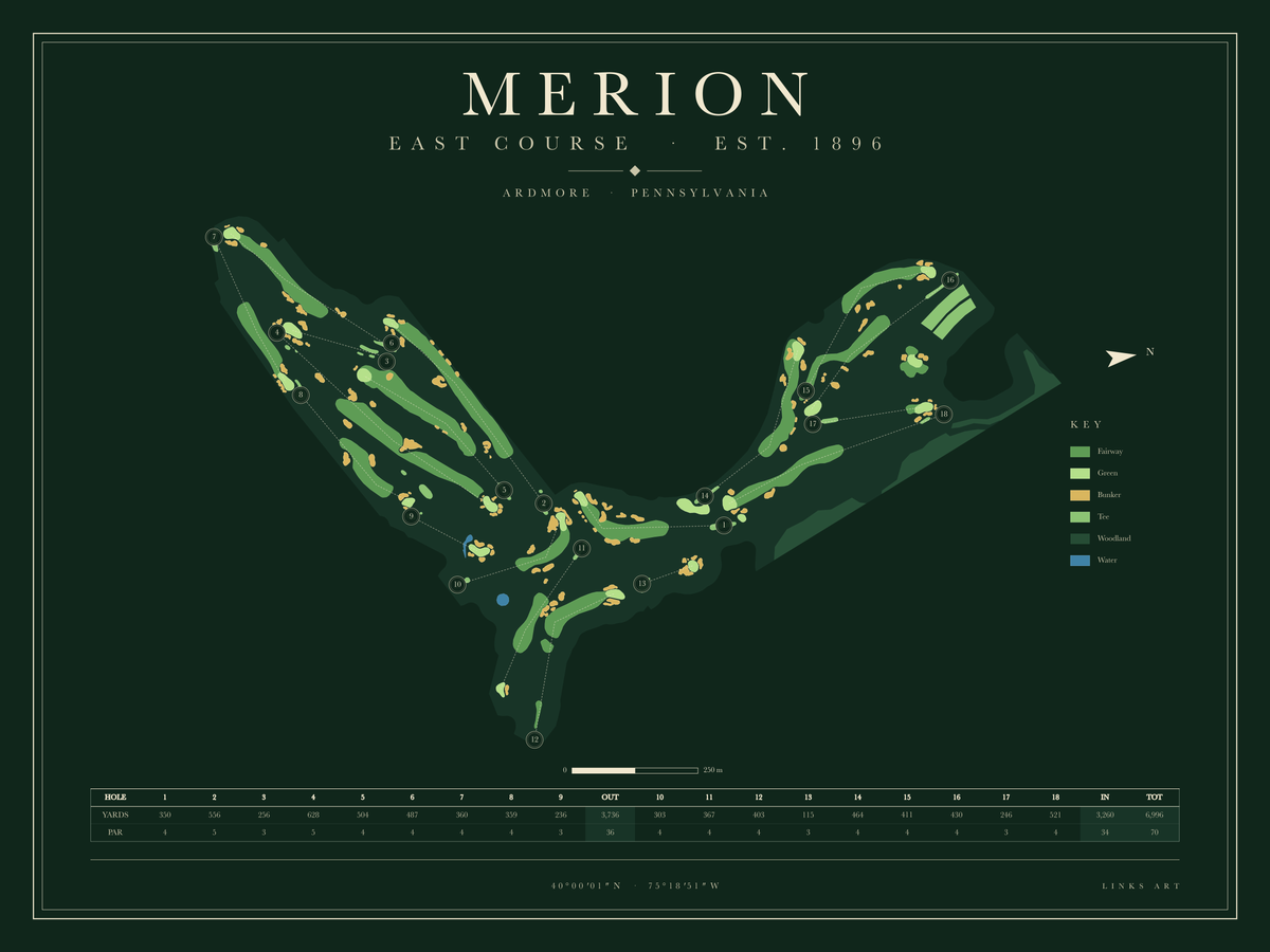 Merion East Course golf course map poster, Fescue, landscape