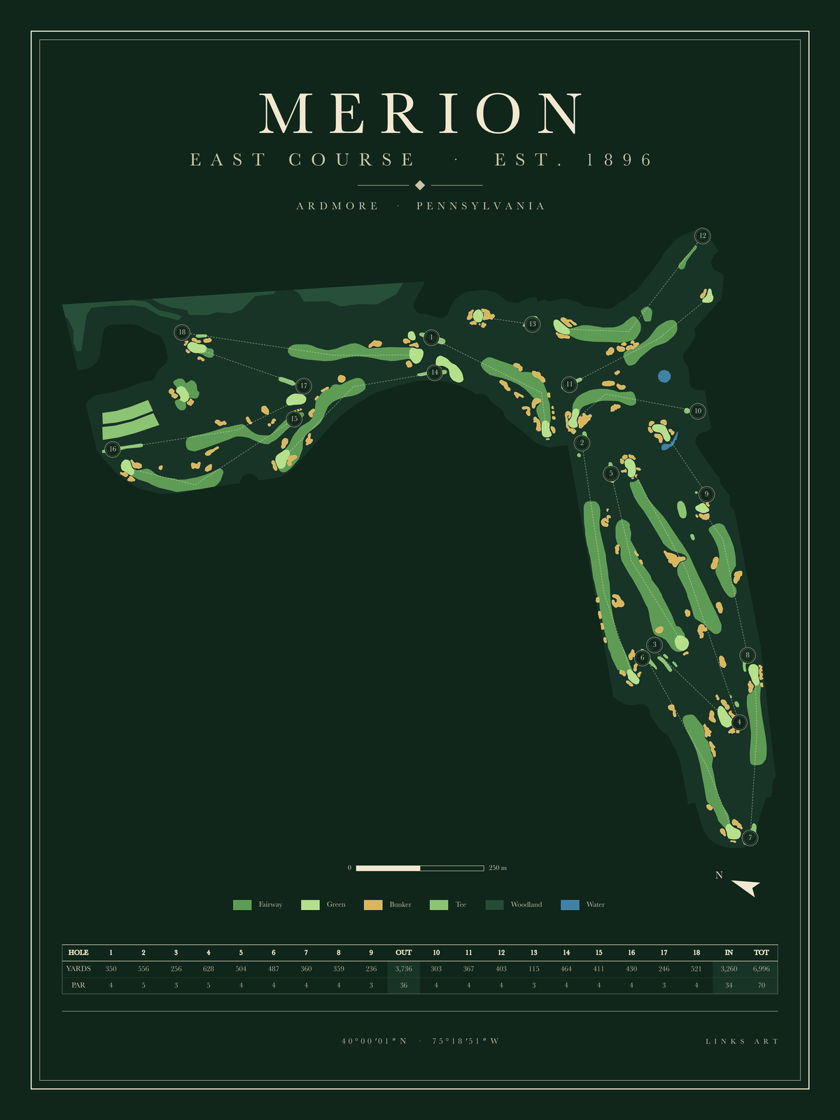 Merion East Course golf course map poster, Fescue, portrait