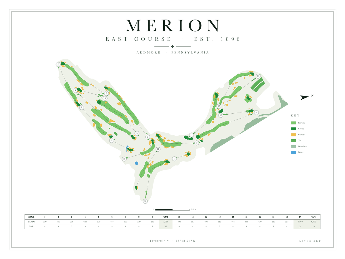 Merion East Course golf course map poster, Chalk, landscape