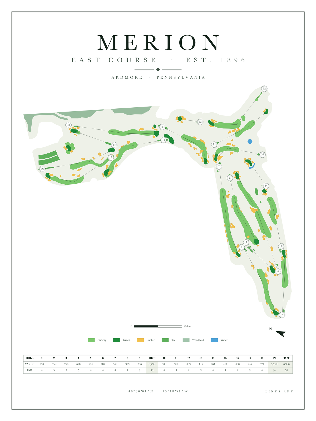 Merion East Course golf course map poster, Chalk, portrait
