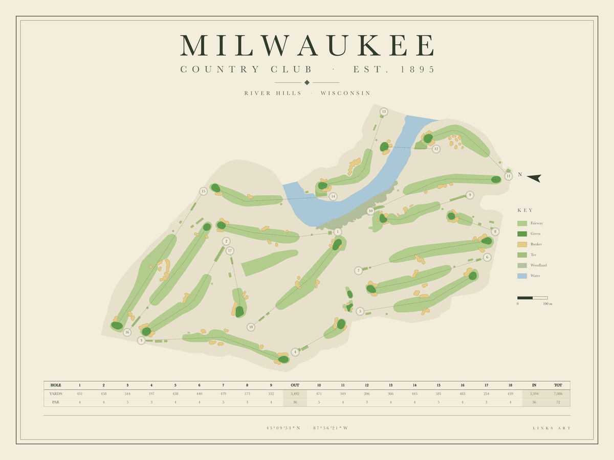 Milwaukee golf course map poster, landscape
