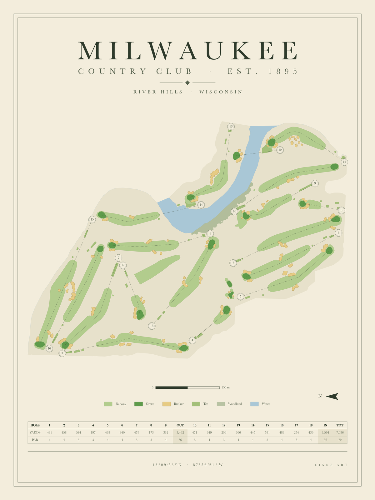 Milwaukee golf course map poster, portrait