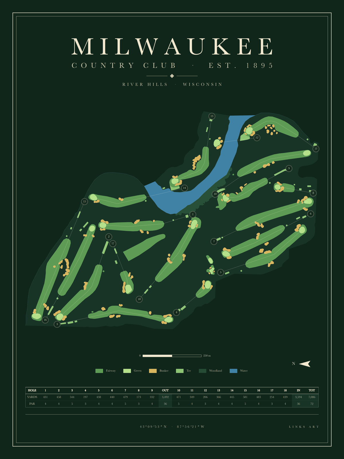 Milwaukee golf course map poster, Fescue, portrait