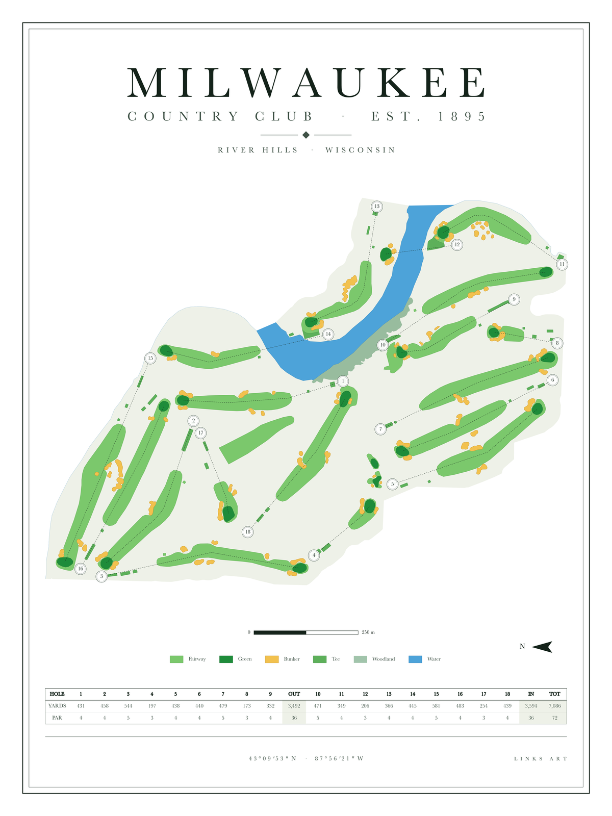 Milwaukee golf course map poster, Chalk, portrait