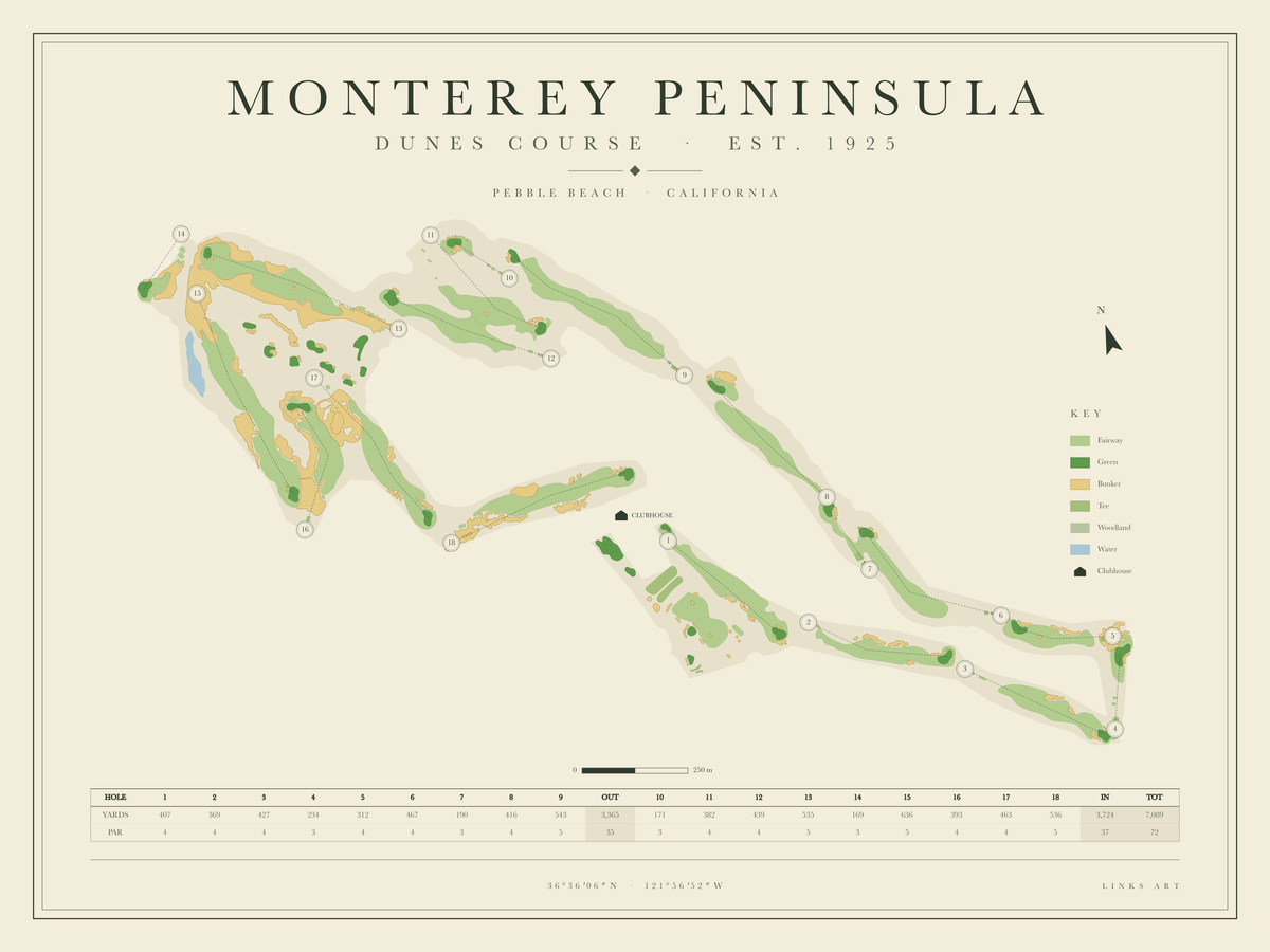 Monterey Peninsula Dunes Course golf course map poster, landscape