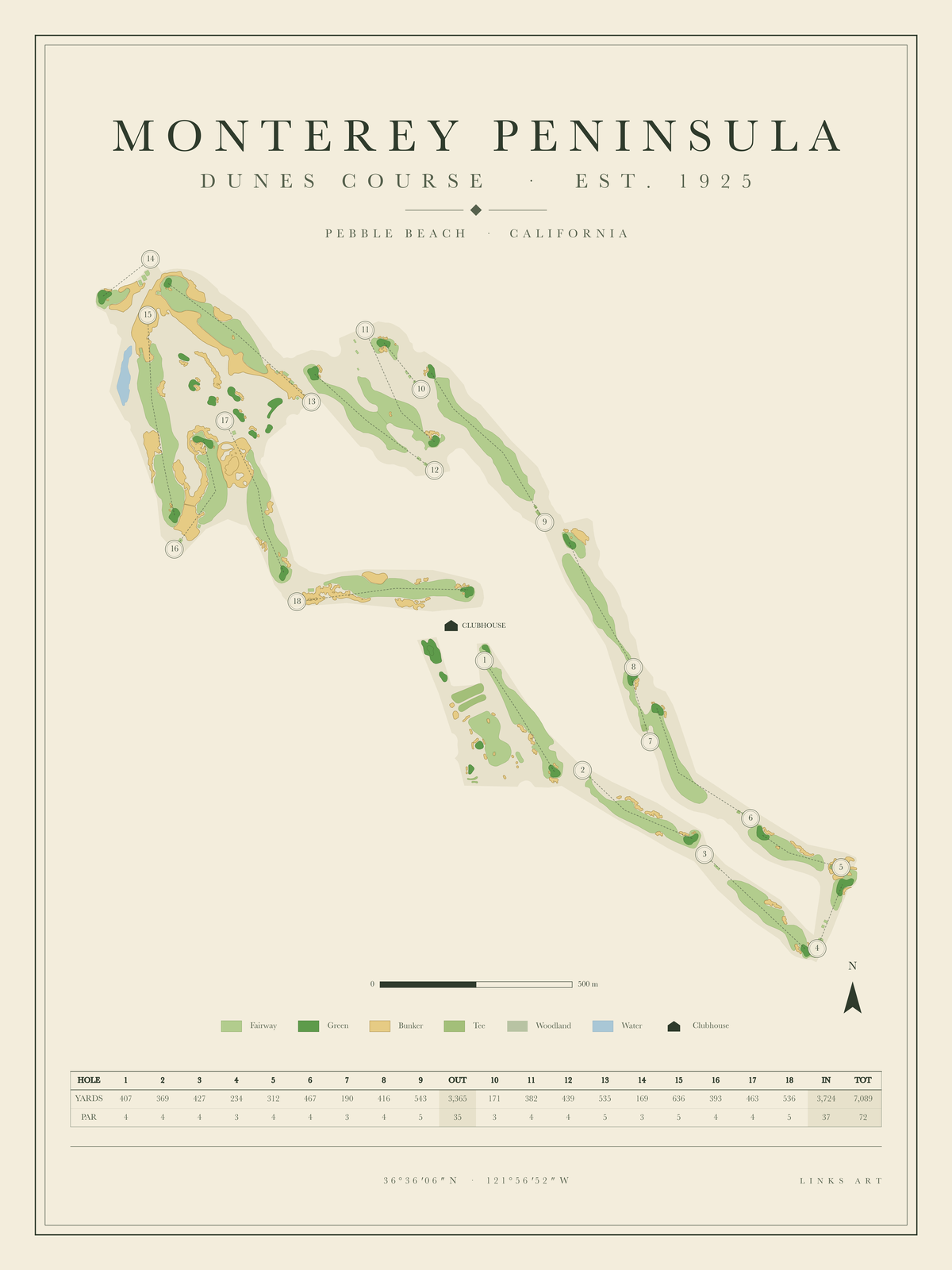 Monterey Peninsula Dunes Course golf course map poster, portrait