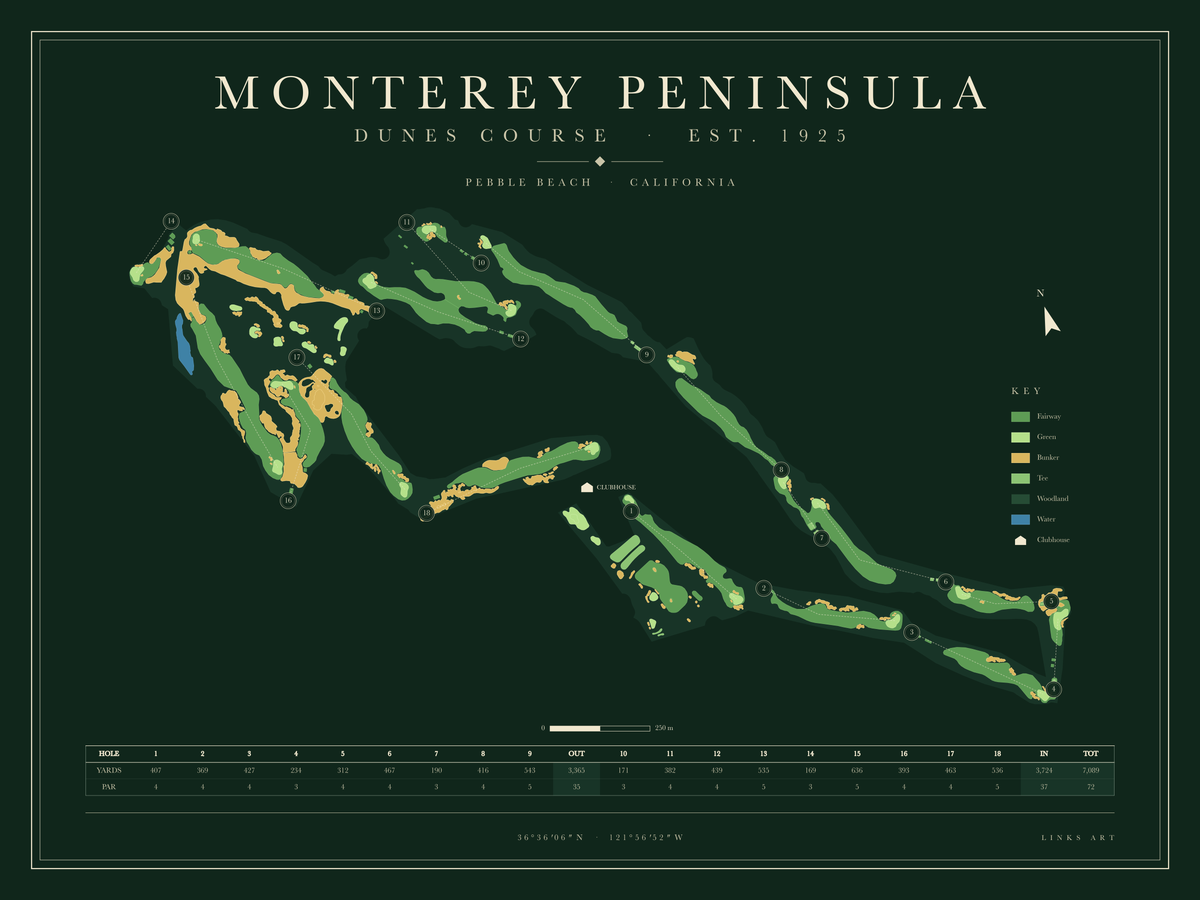 Monterey Peninsula Dunes Course Map golf course map poster, Fescue, landscape