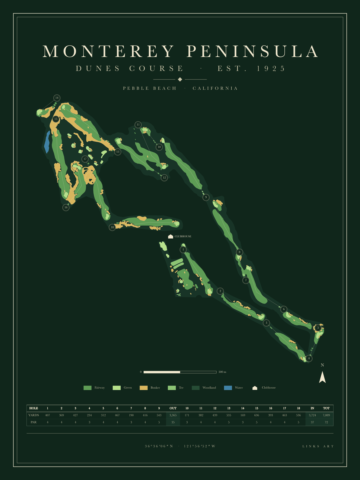Monterey Peninsula Dunes Course Map golf course map poster, Fescue, portrait