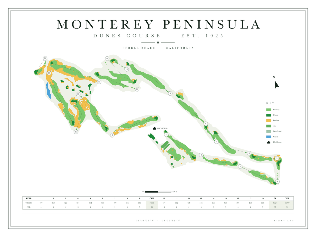 Monterey Peninsula Dunes Course Map golf course map poster, Chalk, landscape
