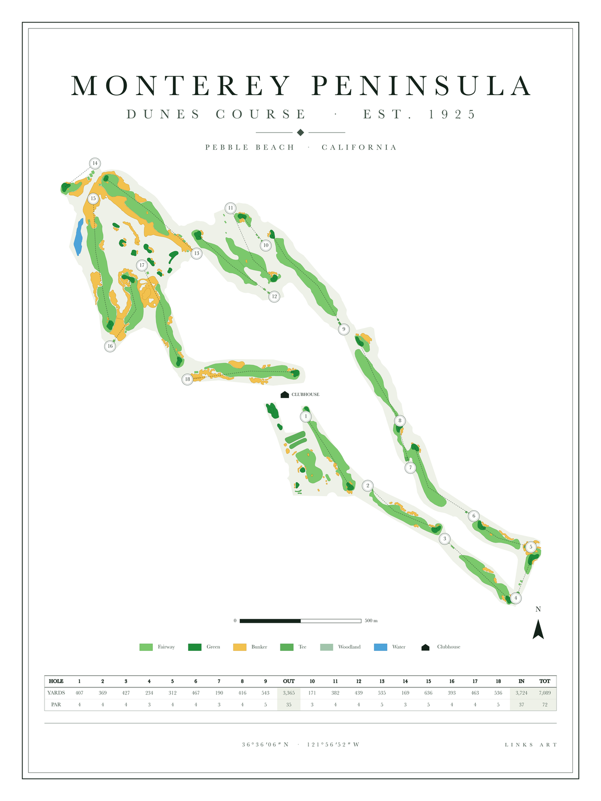 Monterey Peninsula Dunes Course Map golf course map poster, Chalk, portrait