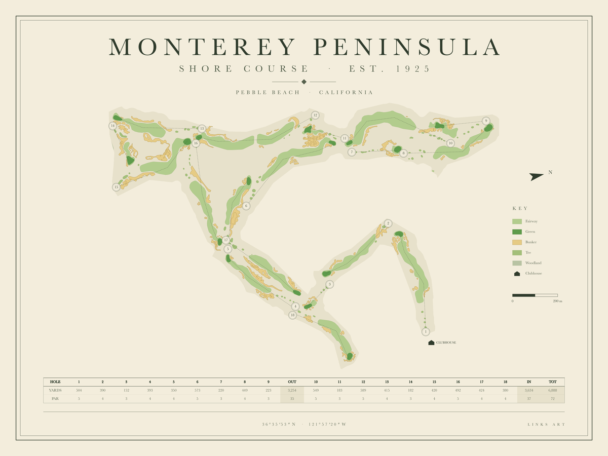 Monterey Peninsula Shore Course golf course map poster, landscape