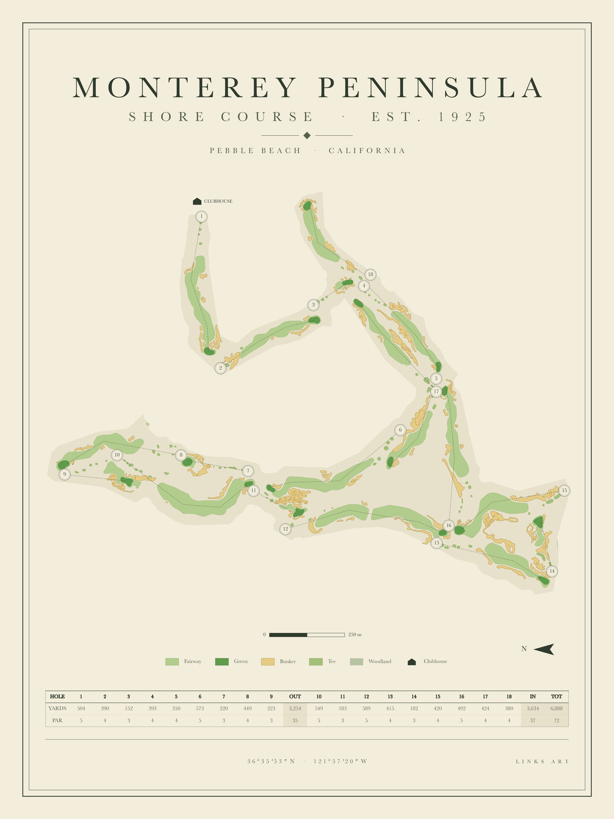 Monterey Peninsula Shore Course golf course map poster, portrait