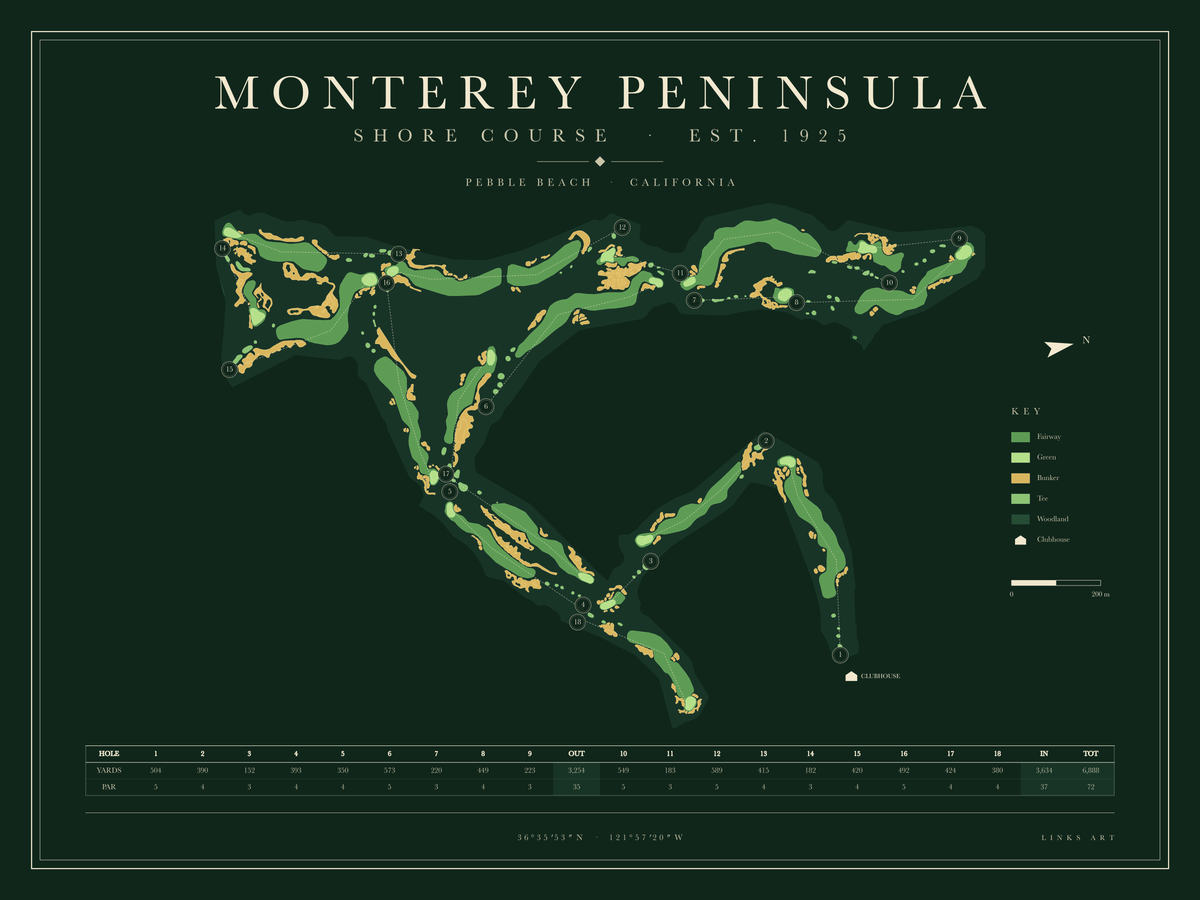 Monterey Peninsula Shore Course golf course map poster, Fescue, landscape