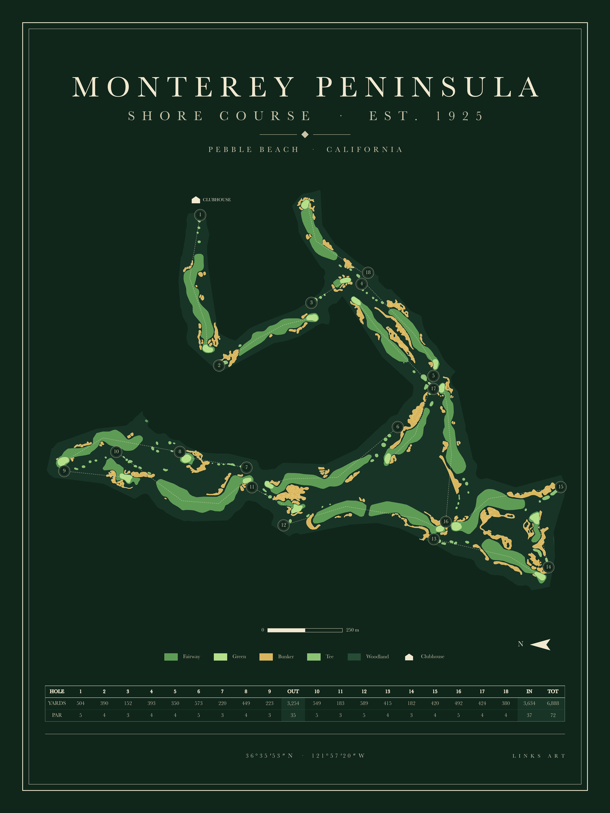 Monterey Peninsula Shore Course golf course map poster, Fescue, portrait