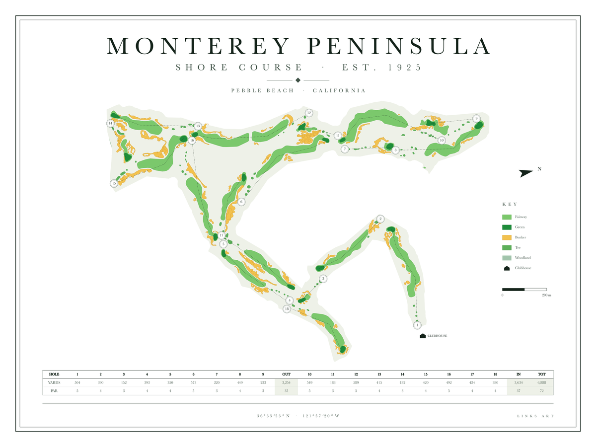 Monterey Peninsula Shore Course golf course map poster, Chalk, landscape