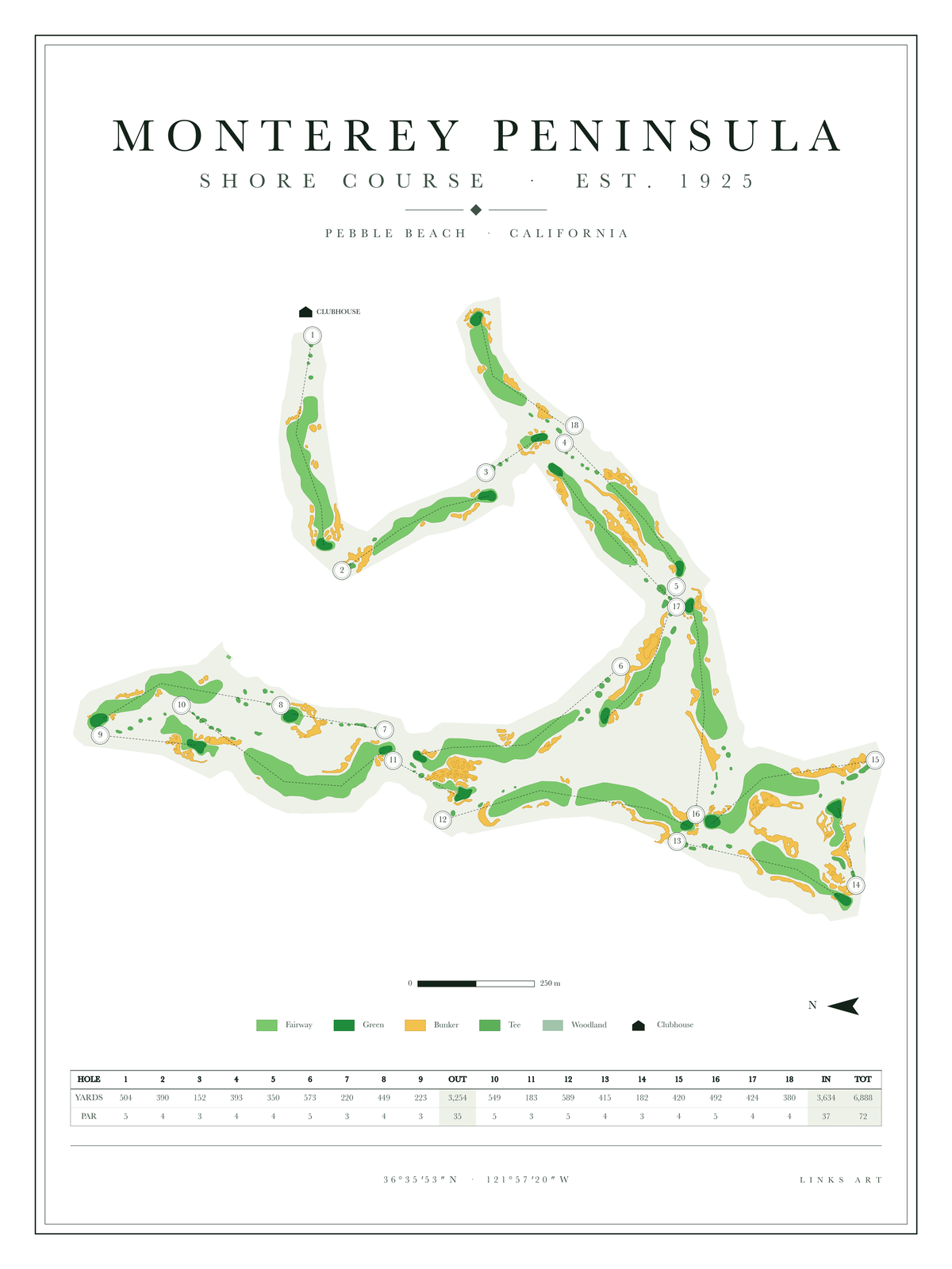 Monterey Peninsula Shore Course golf course map poster, Chalk, portrait