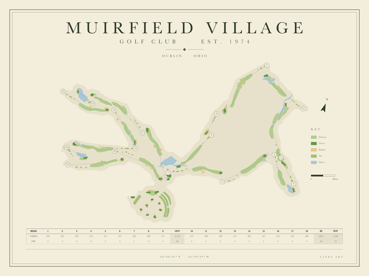 Muirfield Village golf course map poster, landscape