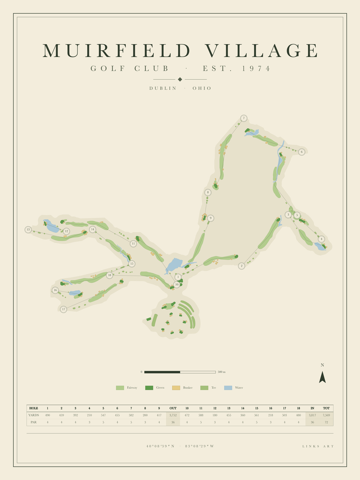 Muirfield Village golf course map poster, portrait