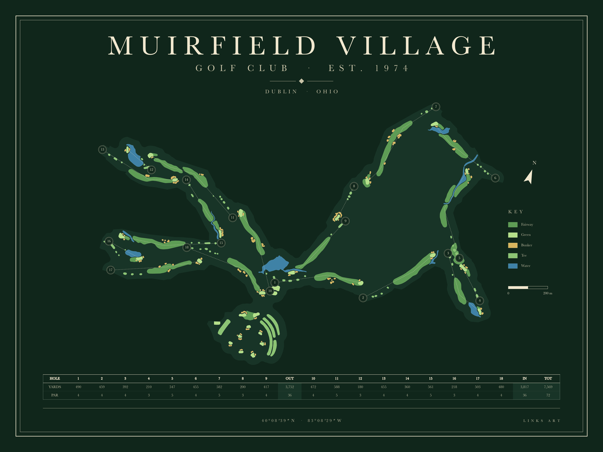 Muirfield Village golf course map poster, Fescue, landscape