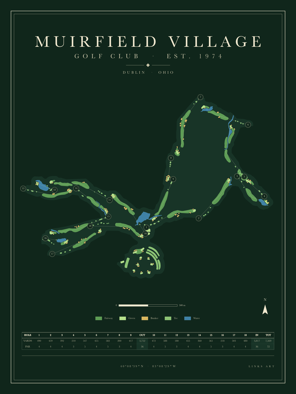 Muirfield Village golf course map poster, Fescue, portrait