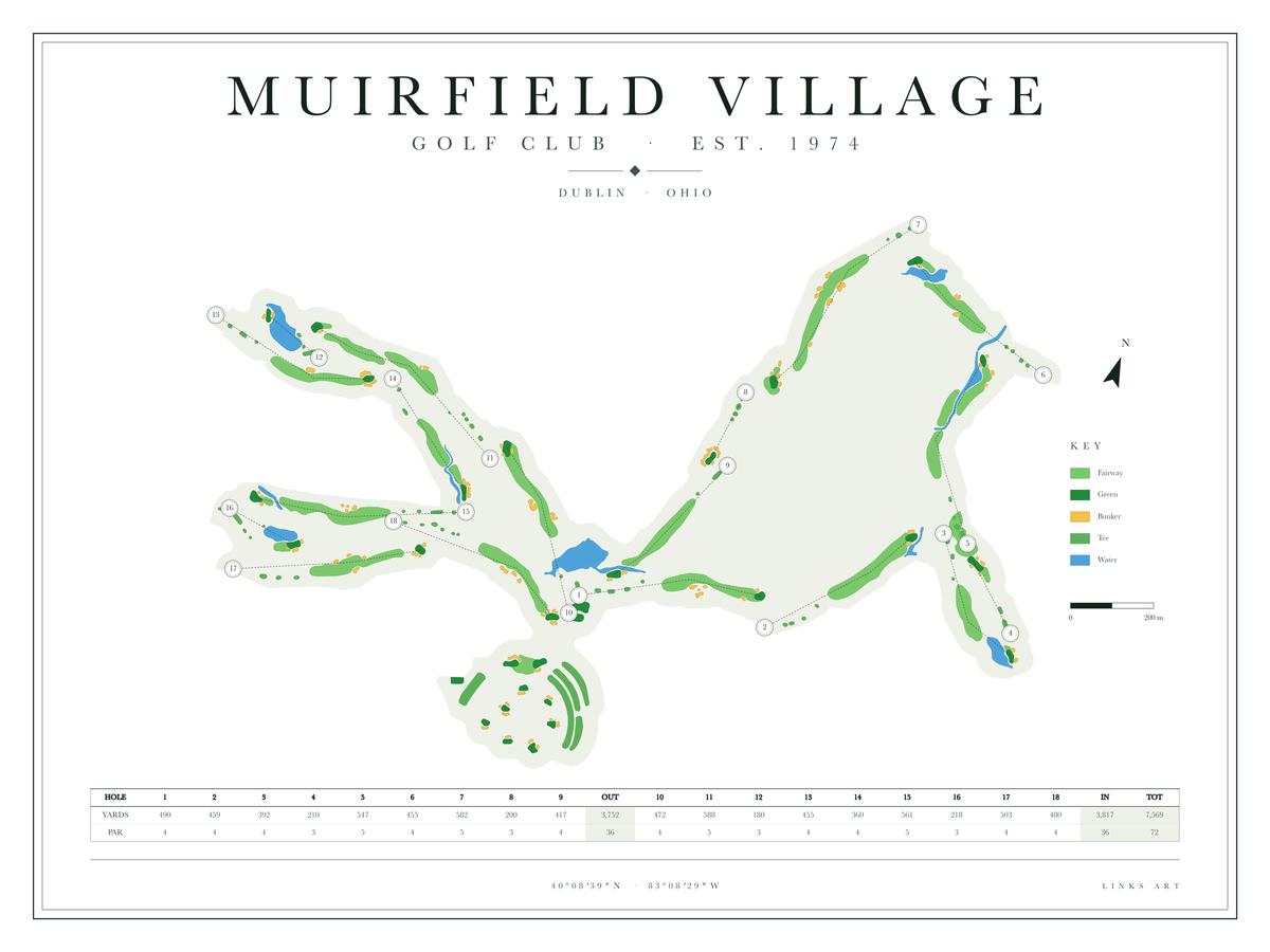 Muirfield Village golf course map poster, Chalk, landscape
