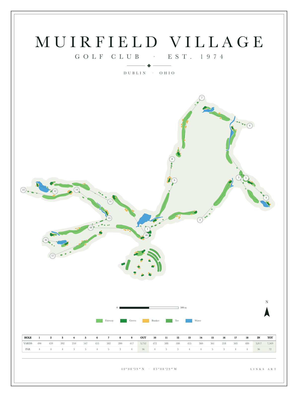 Muirfield Village golf course map poster, Chalk, portrait