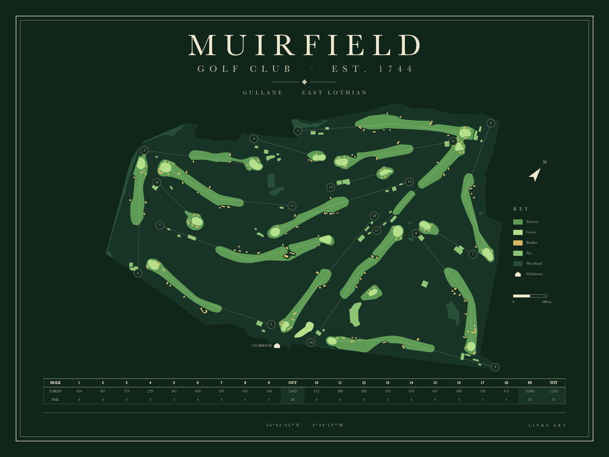 Muirfield golf course map poster, Fescue, landscape