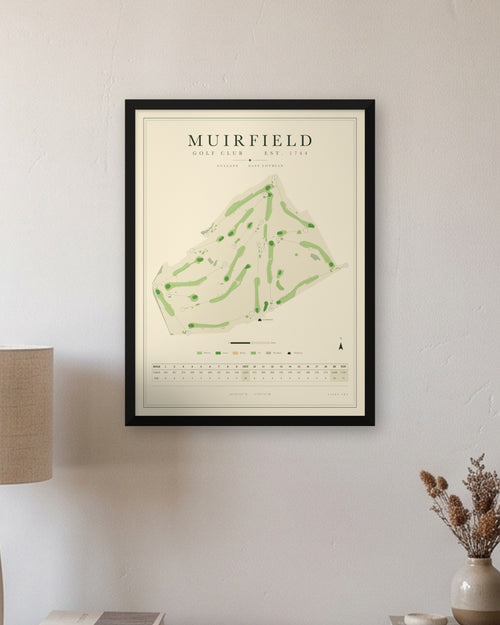 Muirfield golf course map print in a black frame, hung on a wall