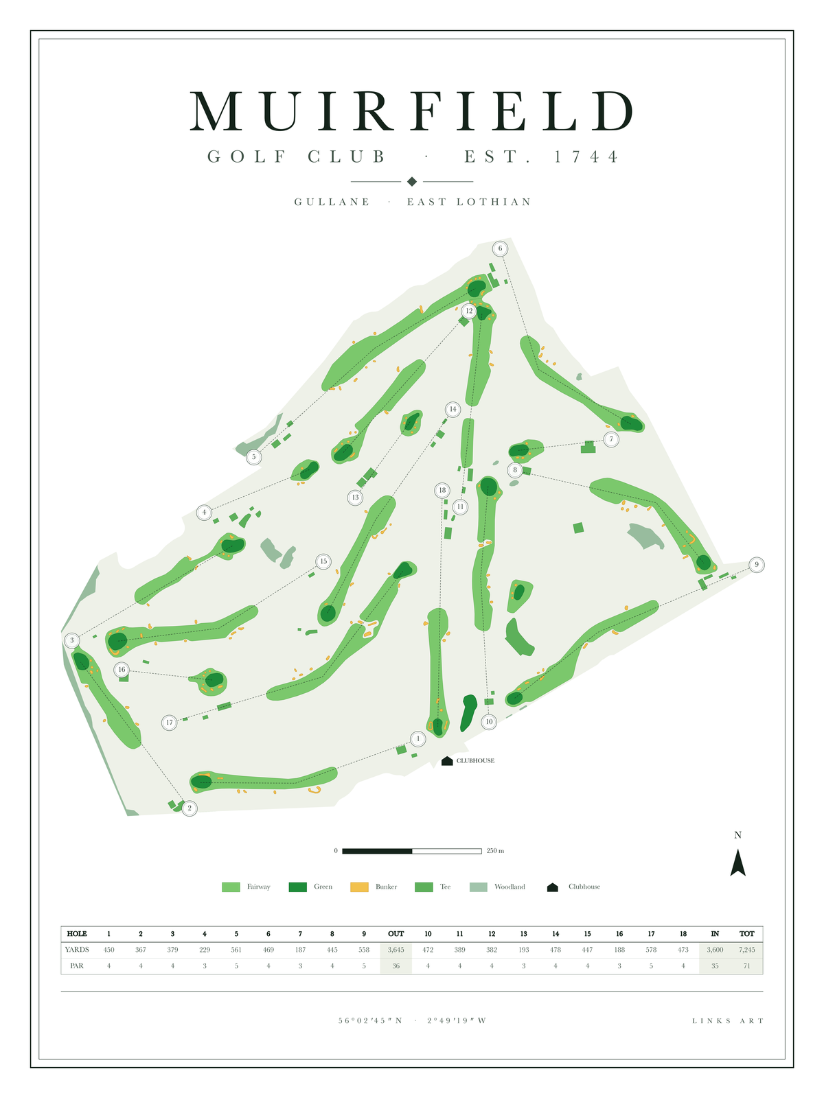 Muirfield golf course map poster, Chalk, portrait