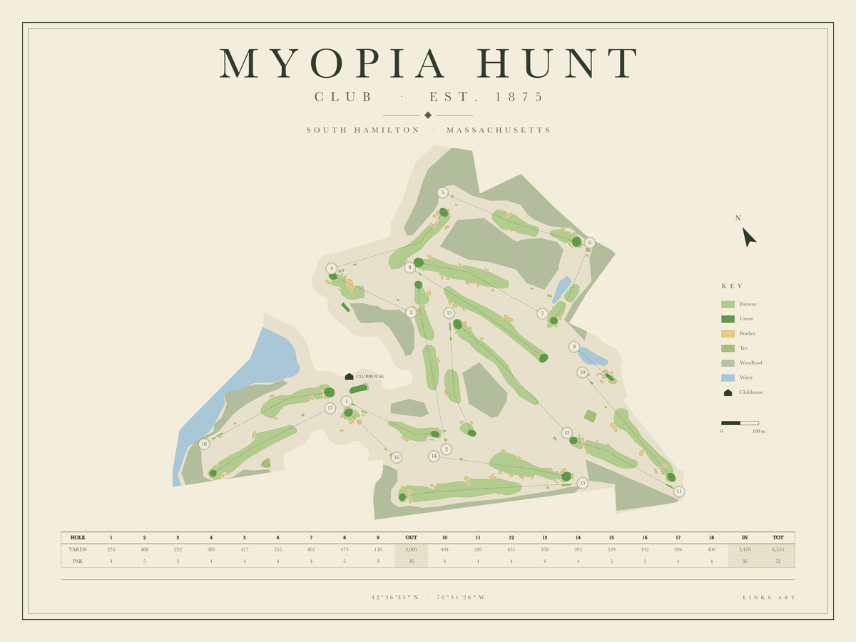 Myopia Hunt golf course map poster, landscape