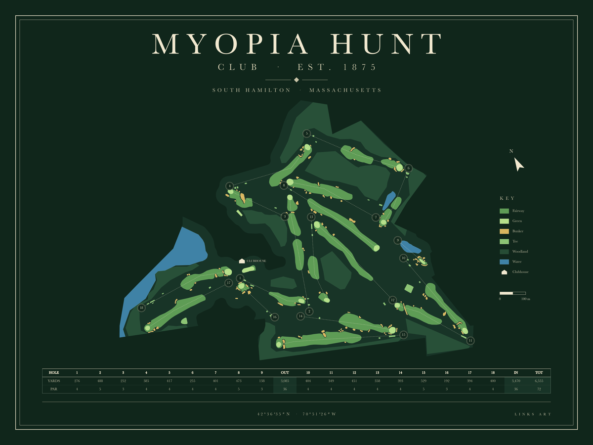 Myopia Hunt golf course map poster, Fescue, landscape