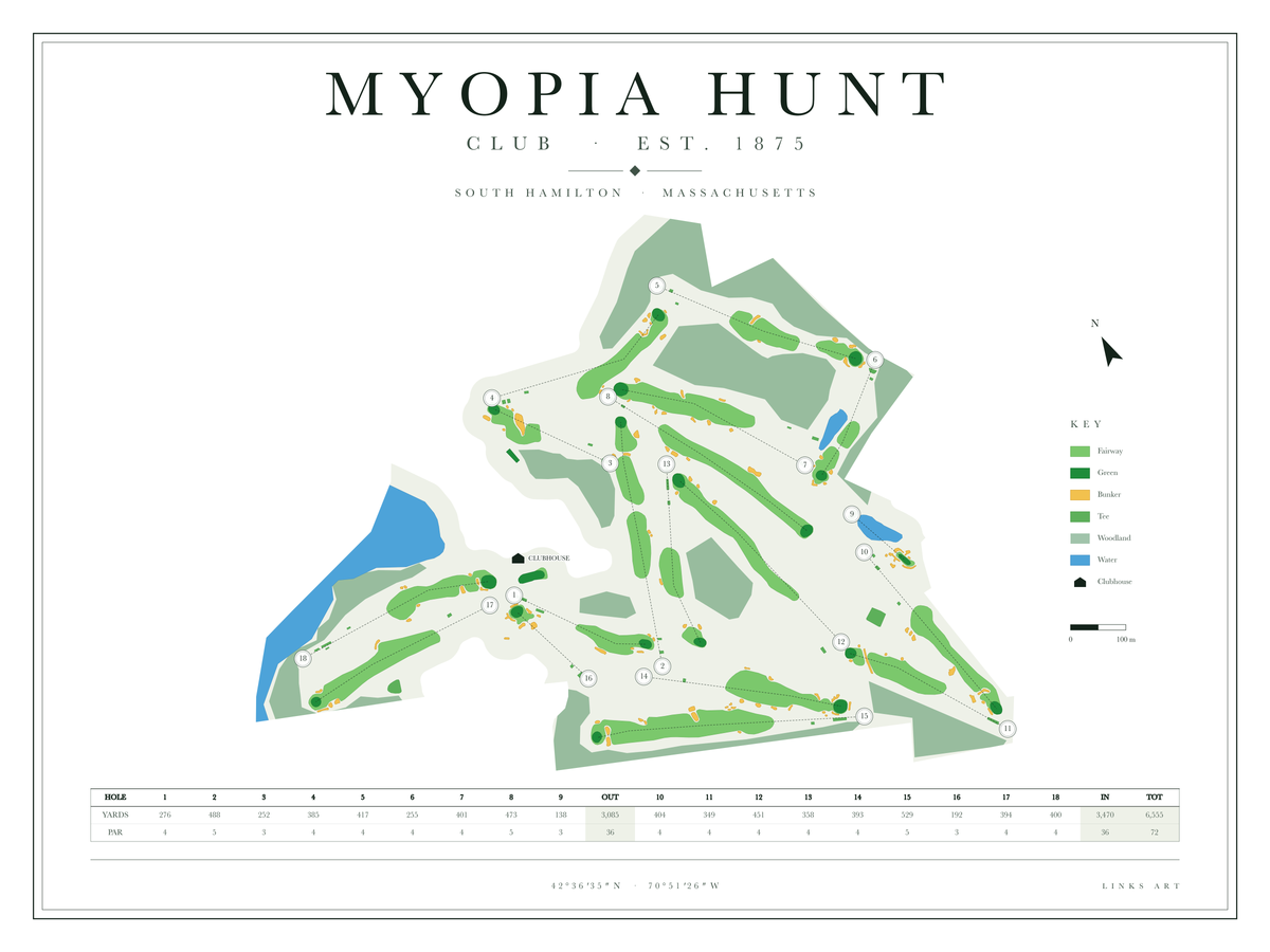 Myopia Hunt golf course map poster, Chalk, landscape