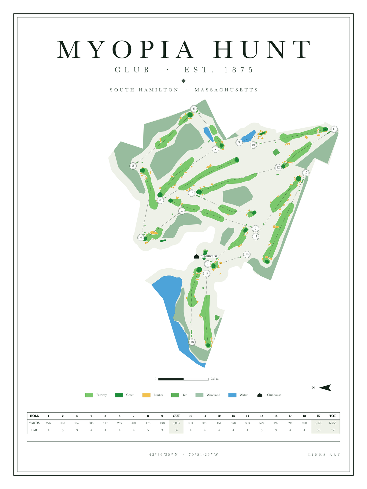 Myopia Hunt golf course map poster, Chalk, portrait