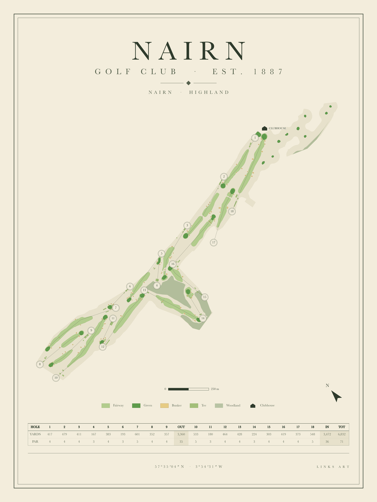 Nairn golf course map poster, portrait