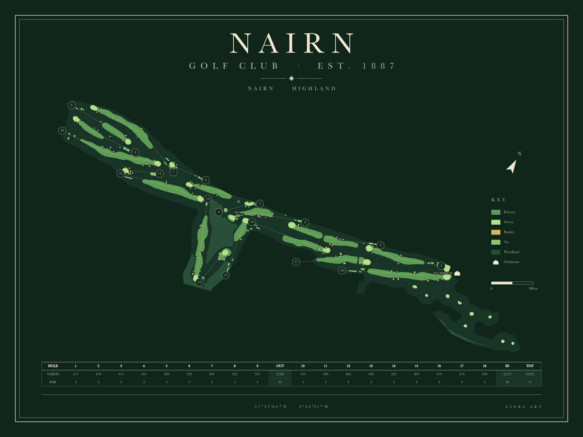 Nairn golf course map poster, Fescue, landscape