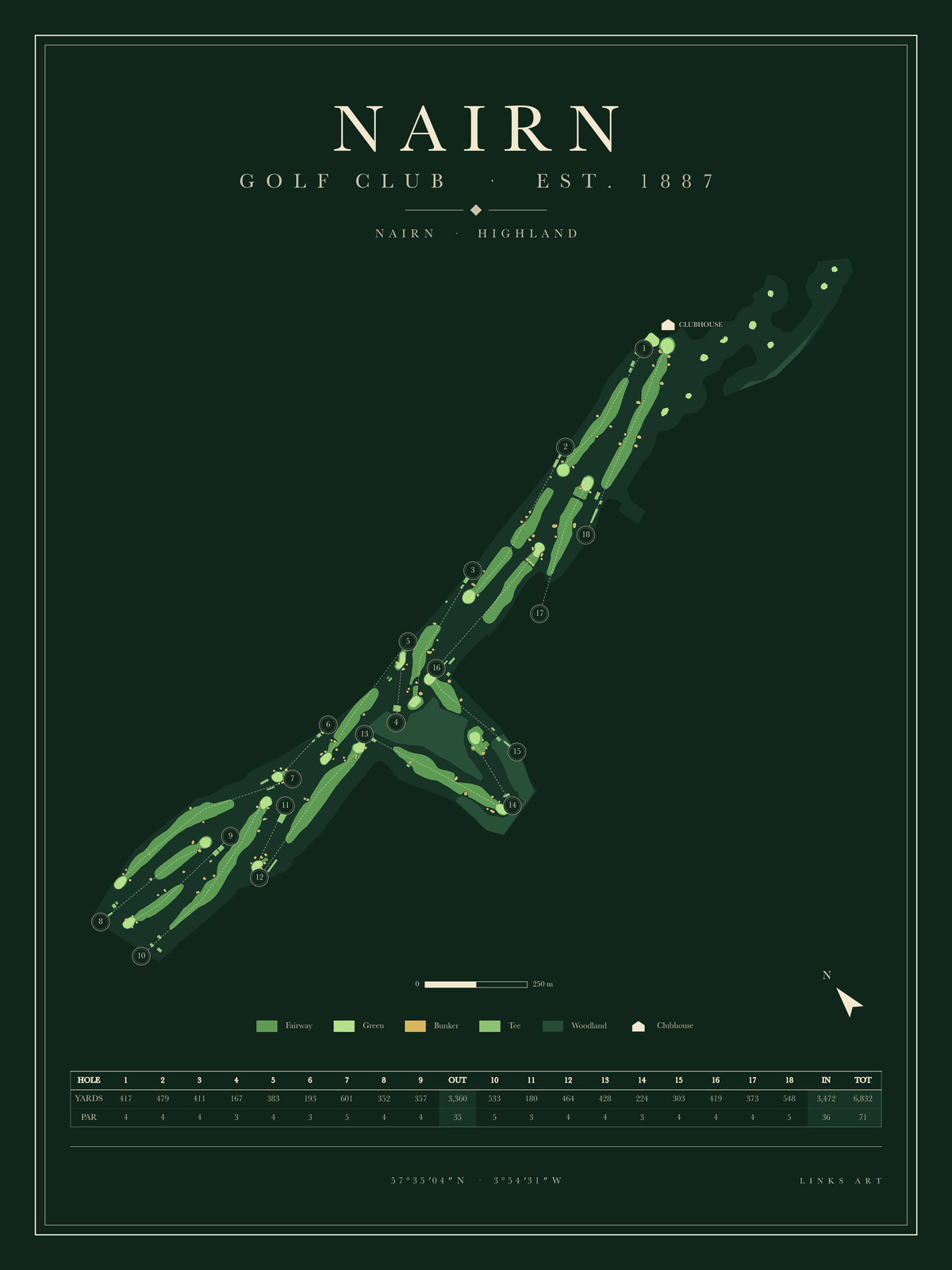 Nairn golf course map poster, Fescue, portrait