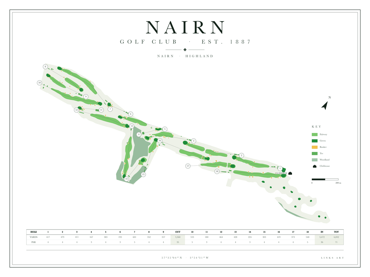 Nairn golf course map poster, Chalk, landscape