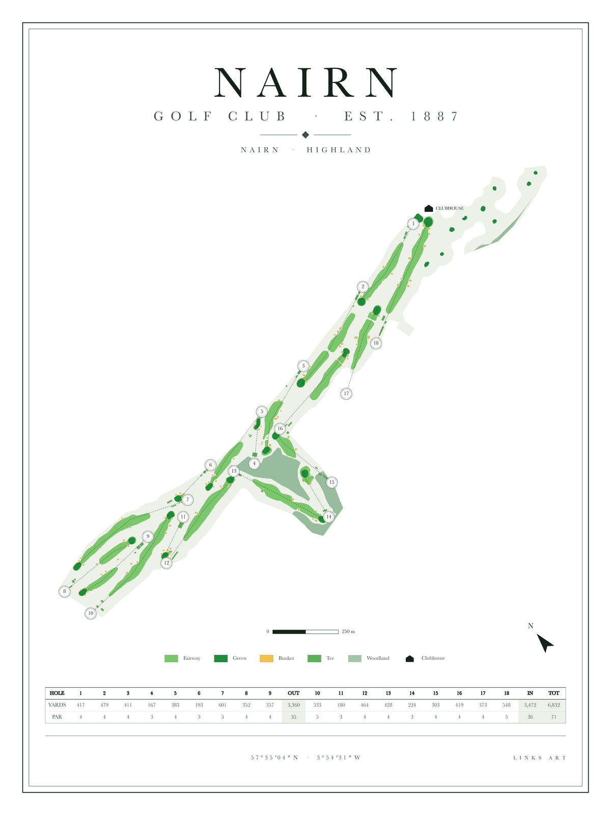 Nairn golf course map poster, Chalk, portrait