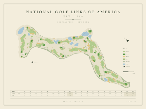 National Golf Links of America golf course map poster, landscape