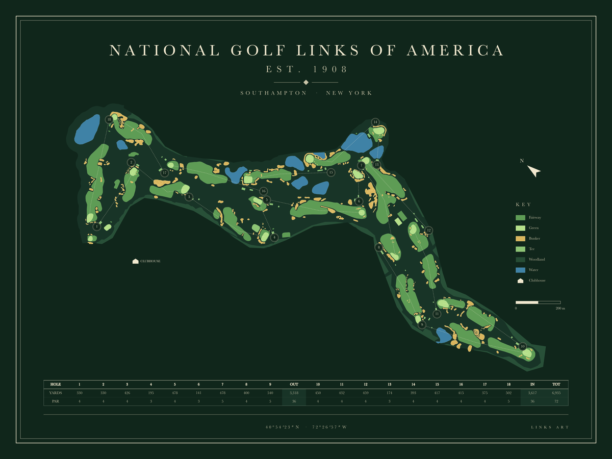 National Golf Links of America golf course map poster, Fescue, landscape