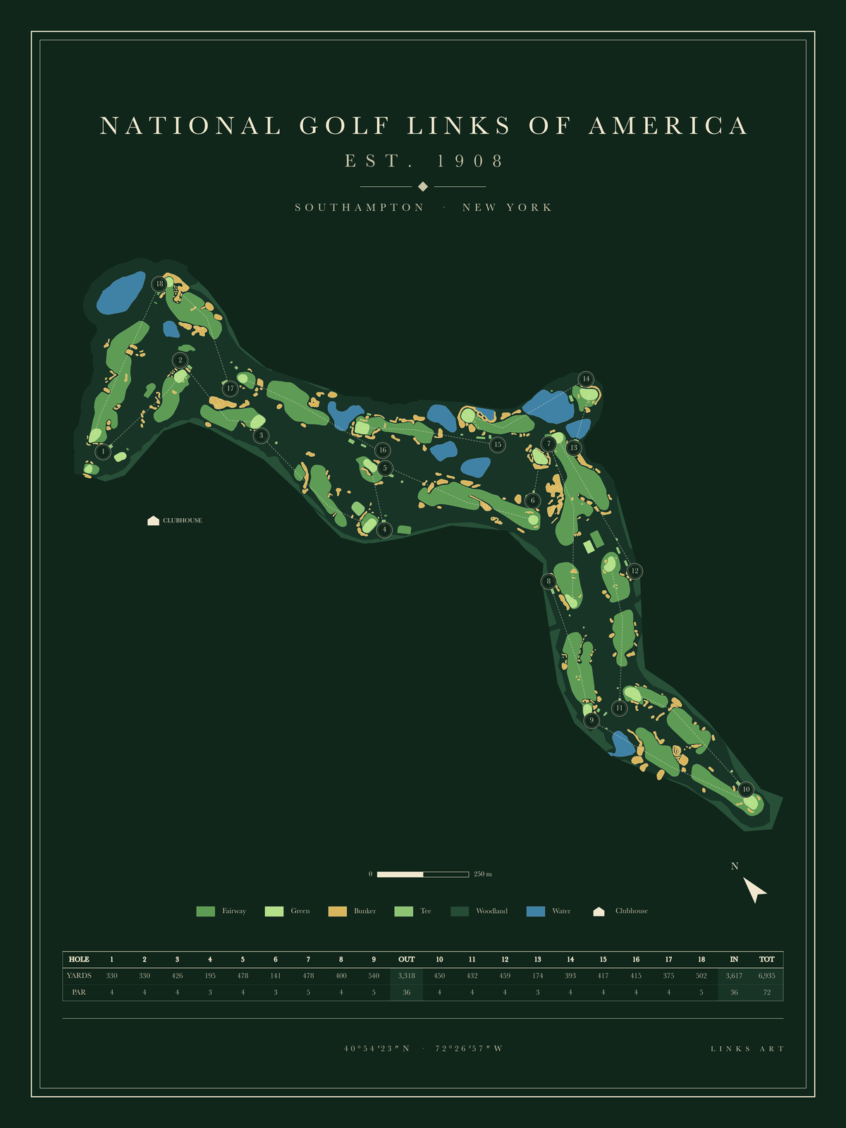 National Golf Links of America golf course map poster, Fescue, portrait